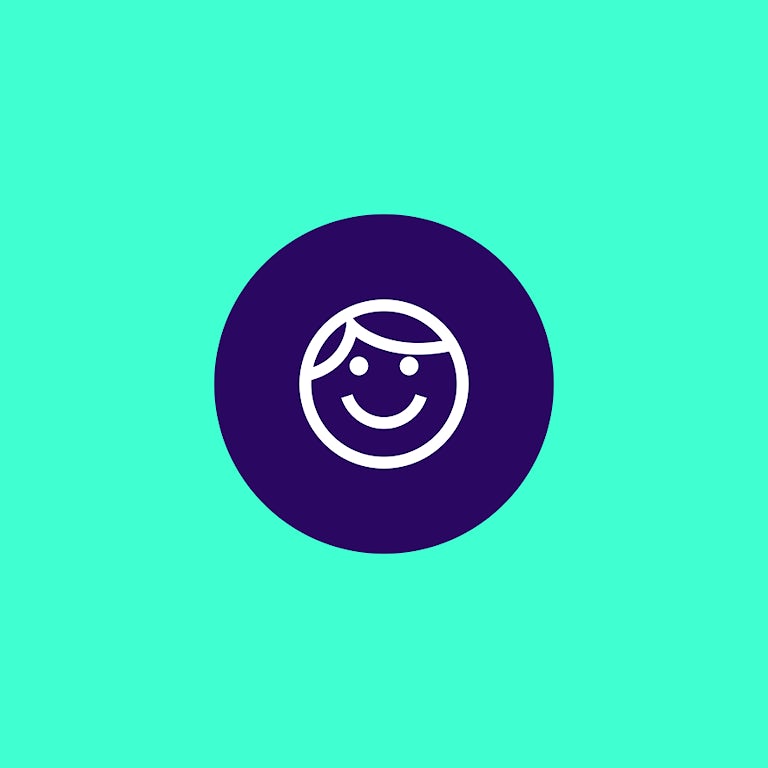 Illustration of a round icon with a smiling face.