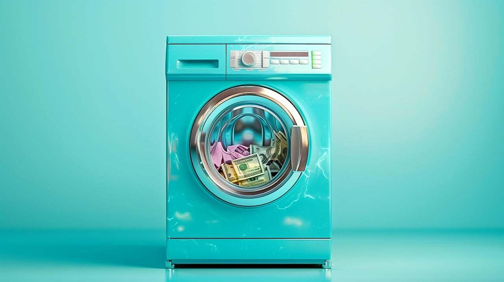 Image of a washing machine with money inside it, depicting anti money laundering