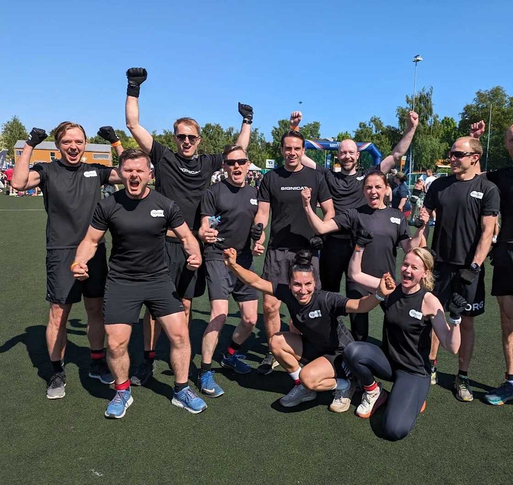 Hilde and colleagues celebrating winning a match